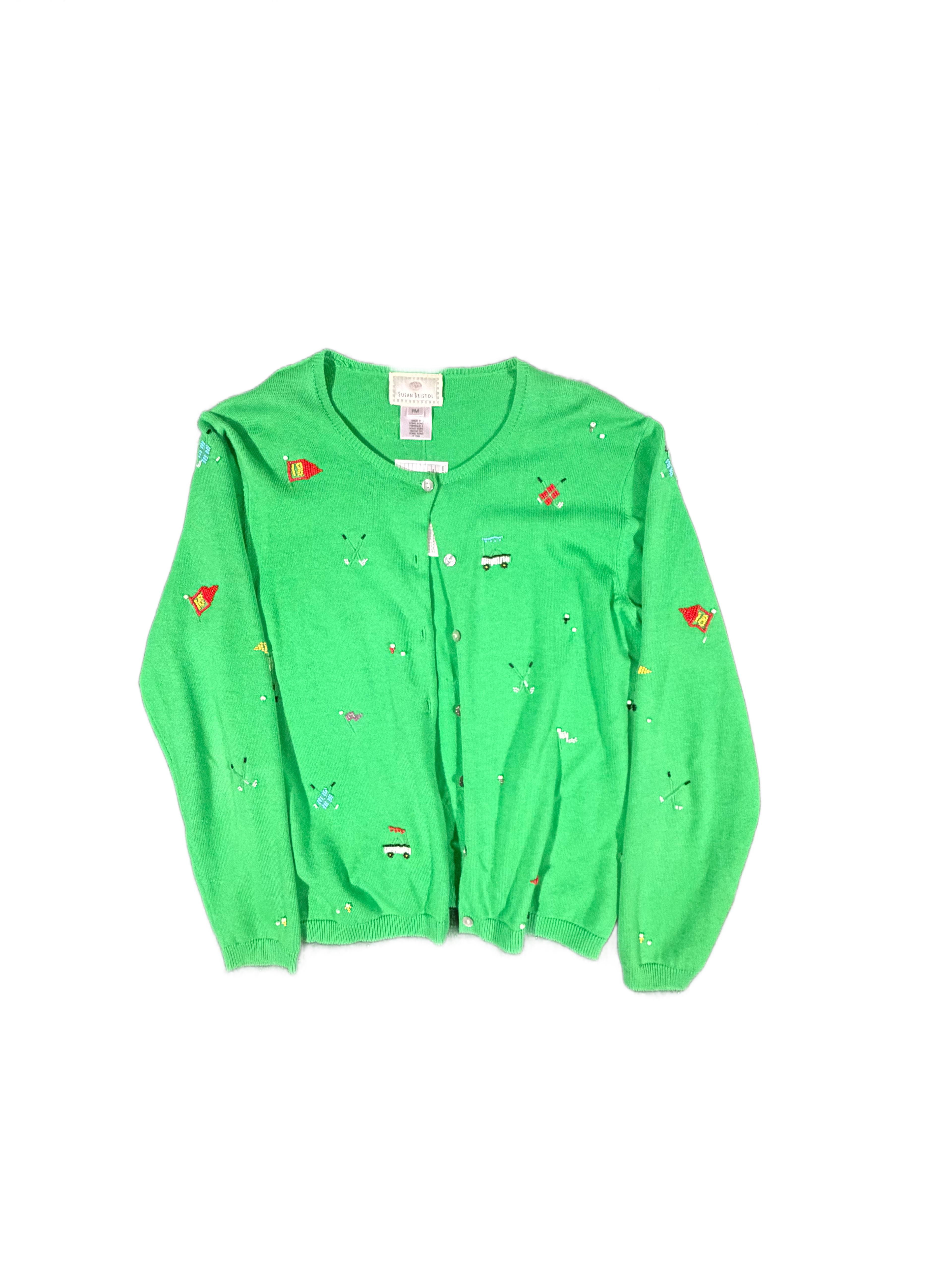 Embroidered Beaded Golf Symbols Button Down Sweater